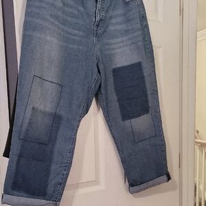 LOGO Blue Patchprint Boyfriend Jeans with Rolled Hems